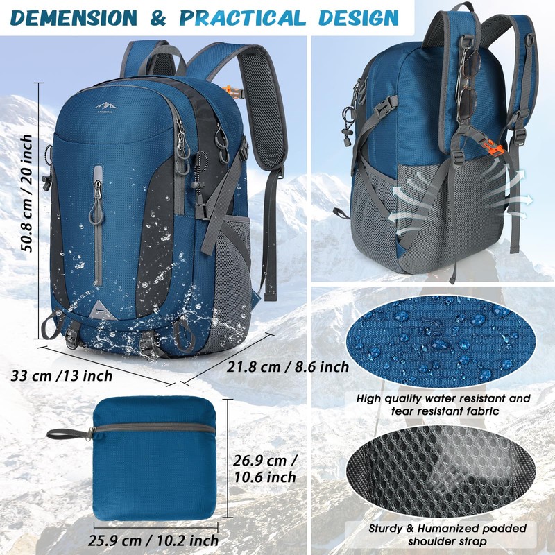 RAINSMORE Hiking Backpack Men Women 40L Waterproof Backpack Lightweight Foldable