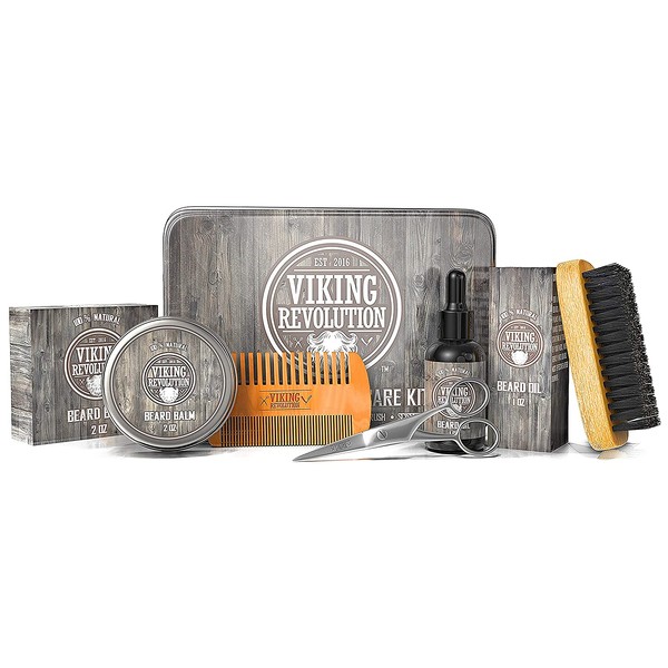 Viking Revolution Beard Care Kit for Men - Ultimate Beard Grooming Kit includes 100% Boar Men’s Beard Brush, Wooden Beard Comb, Beard Balm, Beard Oil, Beard & Mustache Scissors in a Metal Gift Box