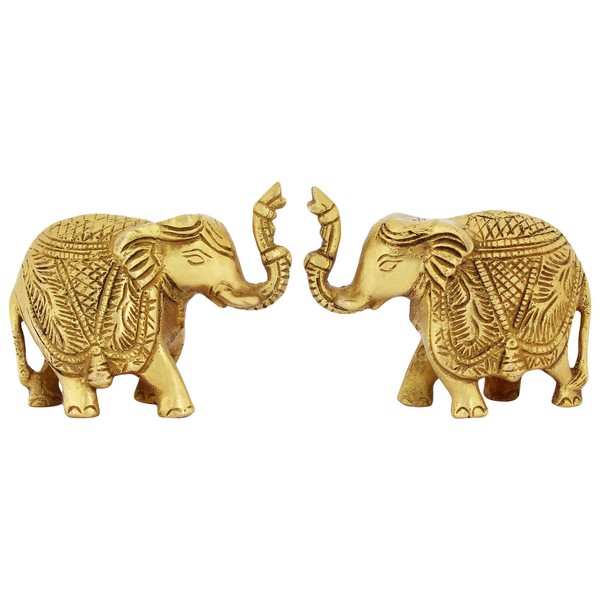 ITOS365 Brass Trunk Up Elephant Statues Set of 2 -