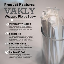 Individually Wrapped Plastic Drinking Straws [Pack of 1600] Disposable, Flexible, and Food Safe - Bulk Pack - 7.75 Inches Long – White [4 Boxes of 400]