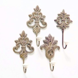 Chateaux Fleur De Lis Wall Hooks, Set of 4, Shabby Distressed Finish, French Country Style, Rustic Bronze, Rubbed White Patina, Cast Iron, Vintage Inspired, Porcelain Caps, Each 6 Inches Tall
