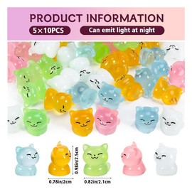 50pcs Luminous Mini Resin Cats, Luminous Small Animals Garden Accessories, Cute Mini Resin Cat Figures Glow in The Dark (Multicolor)