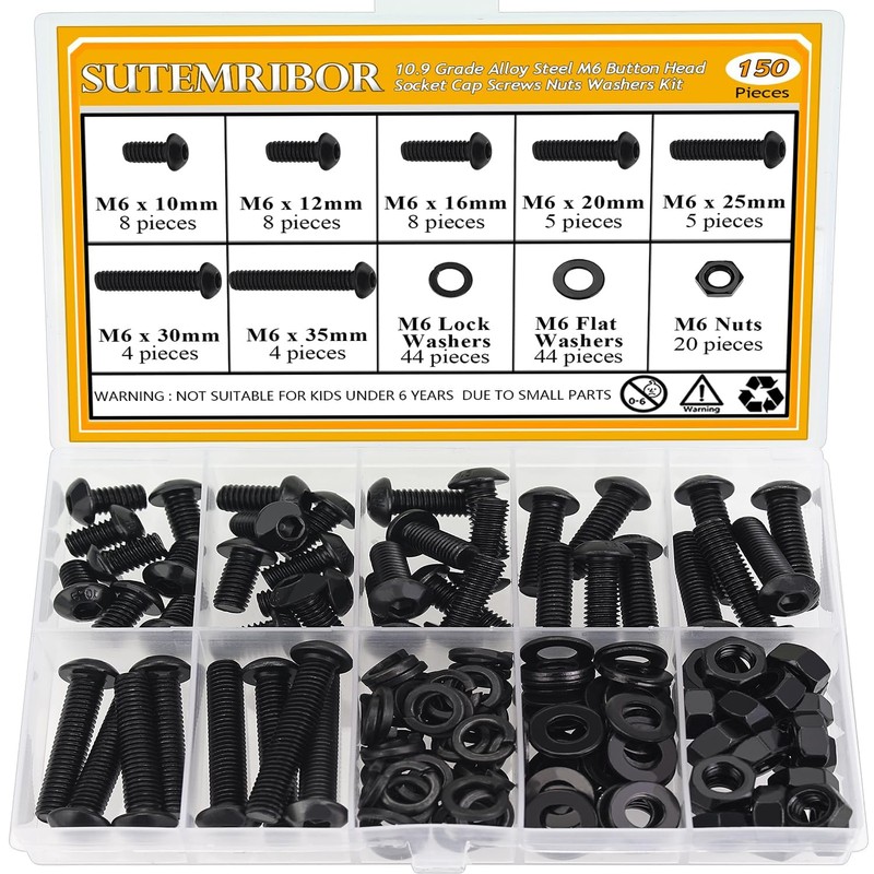 150 Pieces M6 Screws Nuts Washers Set Black, Sutemribor M6