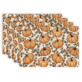 ARKENY Fall Placemats 12x18 Inches Set of 4, Pumpkin Eucalyptus Leaf Orange Autumn Seasonal Farmhouse Burlap Indoor Outdoor Table Mats Decorations for Home Party AP635-4