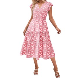 Zeagoo Pink and White Floral Dress Womens Summer Midi Dresses Short Sleeve Beach Sundress with Pockets V Neck Tiered Dress Womens Vacation Dresses L