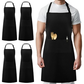 PB TECH Aprons 4 Pcs Adjustable Bib Apron with 2 Pockets Unisex Cooking Aprons Waterdrop Resistant Chef Aprons for Men, Women With Long Ties for Home Kitchen, Restaurant, Coffee House
