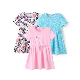 PATPAT Toddler Girl's Floral Skater 3 Pack Dresses Priness Summer A-line Round Neck Casual Playwear Dress Light Green 3 Years