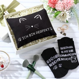 Jadive Gift for Cat Lovers Set Including 1 Cat Keyring 1 Cat Lover Socks 1 Cat Cosmetic Bag for Mum Women Cat Mothers Gift for Christmas Birthday, black
