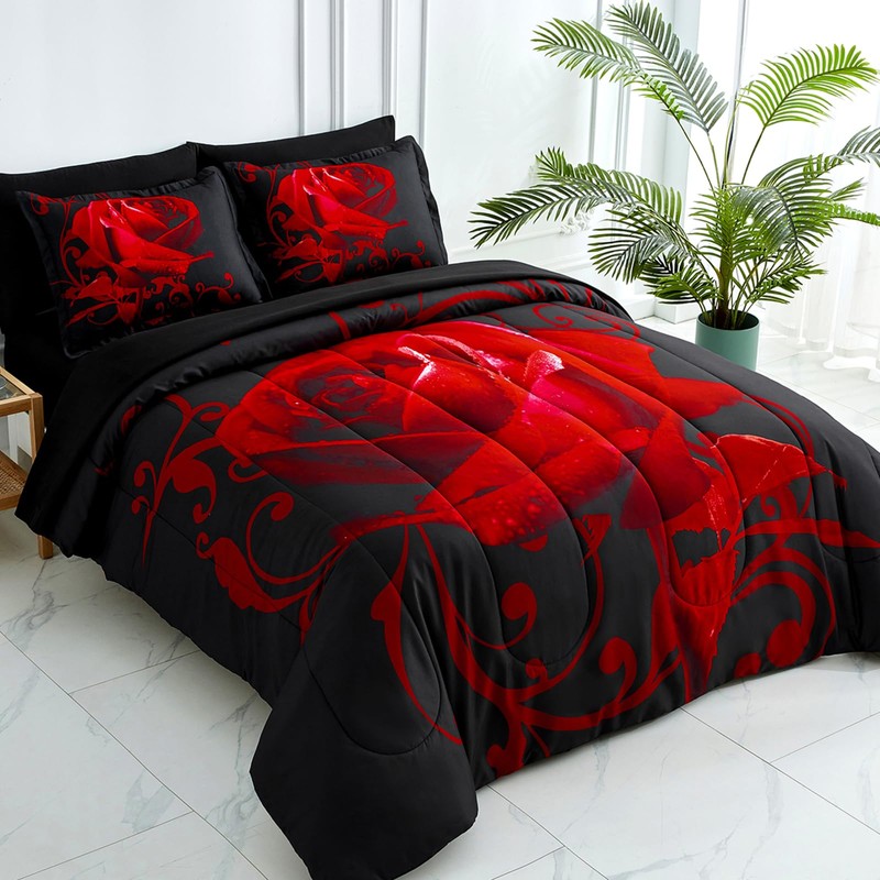 WONGS BEDDING Red Comforter Set Queen, Reversible Red Rose 7