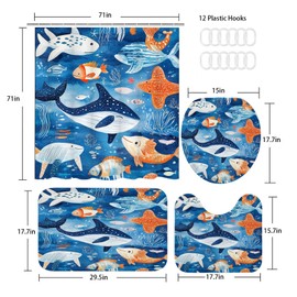 ubcindy 4 Pcs Cartoon Whale Fishs Blue Ocean Animal Shower Curtain Sets with Non-Slip Rugs, Bath Mat and Toilet Lid Cover, 71" x 71" Waterproof Shower Curtain with 12 Hooks, Kids Bathroom Decor Sets