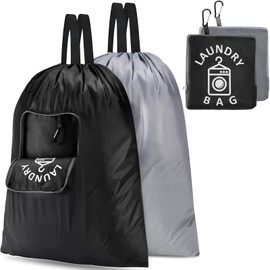 2 Pcs Travel Laundry Bag Dirty Clothes Bag Travel Bags Dirty Laundry Travel Bag Foldable Dirty Clothes Bag for Traveling Women Travel Accessories with Zipper Drawstring for Camp Gym (Gray, Black)