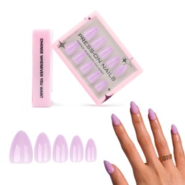 MERVF Press on Nails Almond Shaped Medium Pastel Light Purple Fake Nail Solid Color Design Glue ons Soft Gel Acrylic Nail Supplies Art for Women 30pcs Glossy