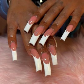 Long Curved Press on Nails Full Cover Extra Curve Square False Nails White French Tip Fake Nails Curved Press on Nails Glossy Acrylic Nails Stick on Nails for Women Nail Decorations Supplies