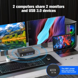 USB3.0 HDMI KVM Switch Dual Monitor 2 Port, 4K@60HzKVM Switches, 2 PC 2 Monitor Switch,HDMI2.0,HDCP2.2, KVM Switch 2 Monitors, 3 USB3.0 ports, Shared Multiple USB3.0 Devices