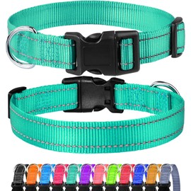 FunTags Reflective Dog Collar, Sturdy Nylon Collars for Medium Girl and Boy Dogs, Adjustable Dog Collar with Quick Release Buckle, Turquoise
