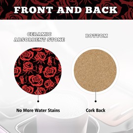 Red Rose Flower Steering Wheel Cover for Women Men, Anti-Slip High Elastic Neoprene Car Accessories Steering Wheel Covers, Universal 15 Inch for Cars, SUVS, Includes 2 Ceramic Cup Coasters