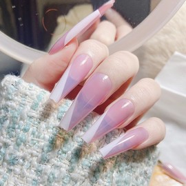 24PCS Long False Nails with Glue Stickers, Coffin Full Cover Acrylic Nails Press on Nails no Glue, Pink White Bevel Edge French Fake Nails Stick on Nails for Women and Girls Nail Art