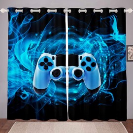 Games Curtain for Gaming Bedroom Living Room Gamer Room Curtains Kids Boys Video Game Gamepad Window Drapes Console Game Controller Curtain Blue W46*L54