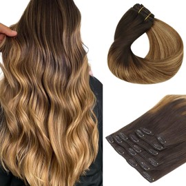 HOTBANANA Human Hair Clip in Hair Extensions, Dark Brown to Chestnut Brown and Dirty Blonde Highlighted 120g Clip in Hair Extensions Real Human Hair Straight Remy Hair 20 Inch 7pcs