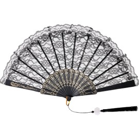 Fsfsdg Lace Handheld Folding Fan Chinese Japanese Vintage Fan for Wedding Dancing Tea Party (Black)