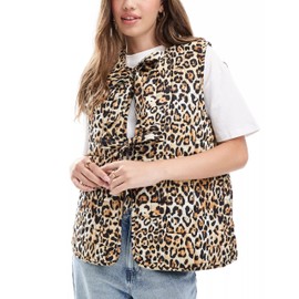 Xuehaya Women Leopard Puffer Vest Floral Print Quilted Jacket Tie Front Sleeveless Padded Gilet(Leopard-M)