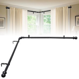 Corner Curtain Rod for Windows 30 to 136 Inches, Adjustable Heavy Duty 1 Inch Metal L Shaped Corner Window Curtain Rod with Brackets&Decorative End Drapery Rods for Bedroom, Living Room, Glossy Black