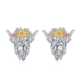 VONALA 925 Sterling Silver Highland Cow Earrings Stud Cute Animal Jewellery Gifts for Women Girls