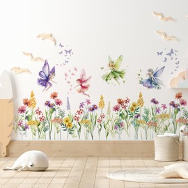 PLIGREAT 3 Sheets Colourful Flower Fairy Wall Sticker Peel and Stick Wall Decal Cute Watercolour Floral Wall Art Murals for Children's Room Bedroom Cabinet TV Background Wall Decoration