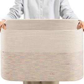 danpinera Large Woven Basket 25’’*16’’*16’’ Rectangle Woven Baskets for Storage, Storage for Living Room, Soft Cotton Rope Basket With Handle, Large Basket for Kids Dog Toys 108L Rainbow