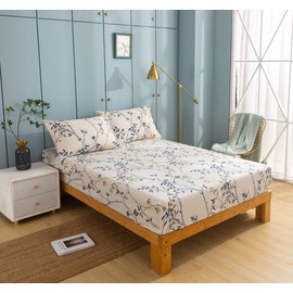 Tache Elegant Leaf Vine Nature Earthy Floral Neutral Cream Beige Tan Blue Breathable Poplin Cotton 15" Deep Pocket Fitted Sheet, King