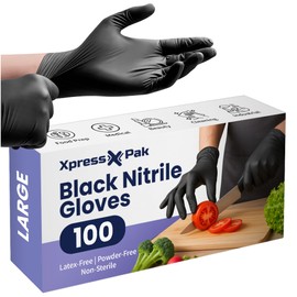 Xpresspak Large Black Disposable Gloves – 100 Pack Nitrile Gloves for Food Handling, Cleaning, Cooking & Kitchen Use – Latex-Free, Powder-Free, Ambidextrous Fit