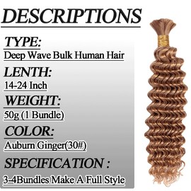 22 Inch Human Braiding Hair 50g/1 Bundle Deep Wave Human Bulk Hair for Braiding 12A No Wet and Wavy Human Hair Extensions For Boho Braids Auburn Ginger(50g,22inch,30#）