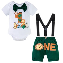 Yruiz Baby Boy Animal Forest Theme 1st Birthday Outfit Romper Shorts Set Bow Tie Suspenders Set（12-18 Months）