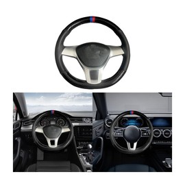 JNNJ DIY Steering Wheel Covers, Universal Leather DIY Hand Sewing Breathable Cover Stitch On Universal Leather Car Steering Wheel Stitch On Wrap Cover with Needle and Thread (Black)