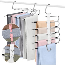 KOMCLUB 2 Pack Trouser Hangers Space Saving 5 In 1 Non-Slip Multifunctional Pants Rack Stainless Steel Foldable Two Hanging Modes Organizer For Pants Jeans Clothes Scarf Towels (Black With 20 Clips)