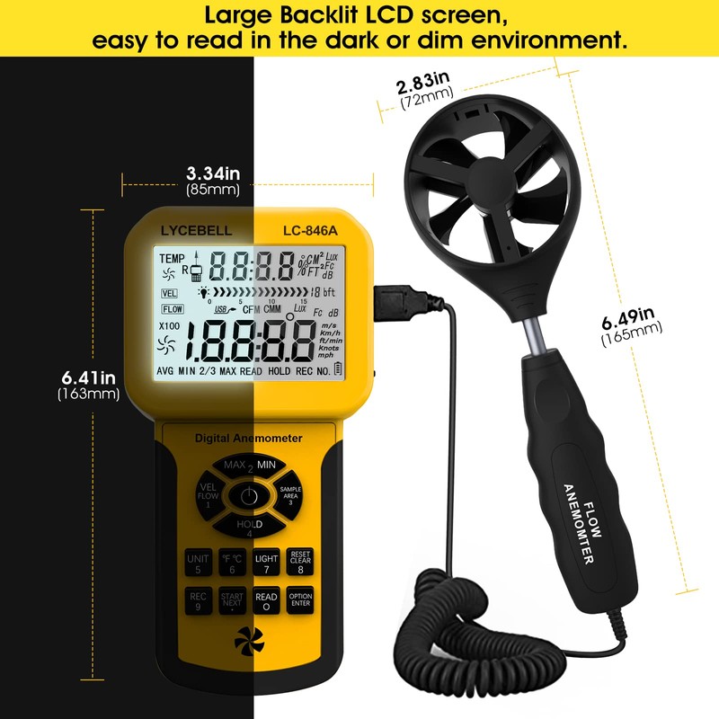LYCEBELL LC-846A Pro Anemometer, Wind Speed Meter, Wind Velocity Airflow