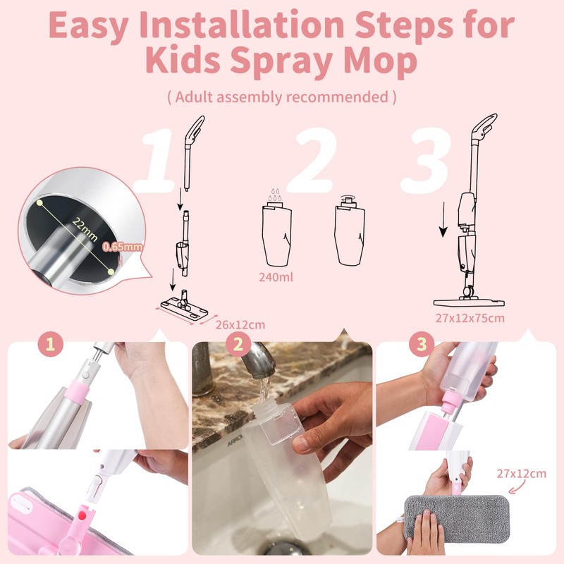 Lullulii Kids Spray Mop,Fun & Functional Toddler Cleaning Set,Real Working
