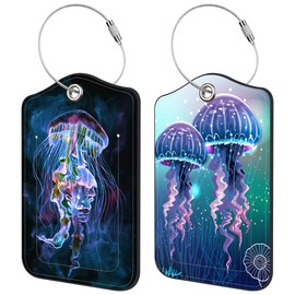 2 Pack Luggage Tag for Suitcase Cute Jellyfish Leather Travel Cruise Luggage Tag with Stainless Steel Loop Name ID Label Privacy Cover for Adults Teens Travel Bag Labels Set
