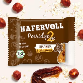 Hafervoll Porridge2go Haselnuss & Nussmus, 13 x 55g Riegel - Vegan, Bio, Glutenfrei, Naschen ohne Zusatz von Zucker, mit Hafer, Datteln und Quinoa-Pops