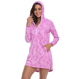 HDE Beach Coverups for Women UPF 50 Long Sleeve Swim Cover Up Dress with Hood Pink Paisley - S