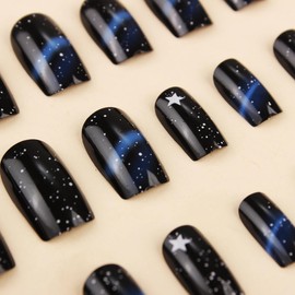 BABALAL Press on Nails Short Square Fake Nails Black Glue on Nails Galaxy Star Gothic Acrylic Nails Glossy False Nails Art Design 24pcs Squoval Manicure Full Cover Artificial Nails for Women Girls