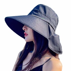 GeorgeX Sombreros del Sol para Mujer Sombreros de ala Ancha para Mujer Protección UV Sombrero para el Sol Plegable con Cordón para el Viento (Negro)