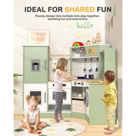 Babytronic Corner Wooden Play Kitchen Set for Kids w/Lights & Sounds, Pretend Play Kitchen Playset with Stove, Microwave, Ice Maker & Accessories, Perfect for Toddlers & Multiple Children (Green)