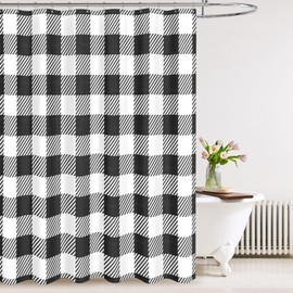 Tititex Classic Buffalo Plaid 140gsm Faux Linen Fabric Shower Curtain, White Black Buffalo Check Grid Shower Curtain Sets Decoration 72x72 Inch with Hooks