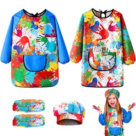 2 Pack Delantal de Pintura para Niños con Bolsillos y Sombreros, Delantales Arte para Niños con Correa Ajustable, Mandiles Impermeables para Niños, Batas Arte para Niños, idea para Pintar y Cocinar