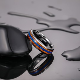 TRUMIUM 6mm Tungsten Rings for Men Women Real Opal and Whisky Barrel Wood Inlay Mens Wedding Band Engagement Promise Ring Bevel Edges Comfort Fit Size 9