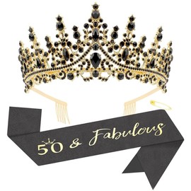 50th Birthday Sash Crown Tiara 50 & Fabulous 50th Birthday Decorations for Women Cool 50th Birthday Gifts for Women - Color: black 60th
