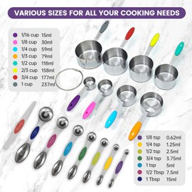 RMERVE 16PCS Magnetic Measuring Spoons and Measuring Cups Set, 7 Double-Sided Spoons& 1 Leveler and 8 Measuring Cups, Multicolor, Stainless Steel, Fits Spice Jars, Large Capacity Measurement