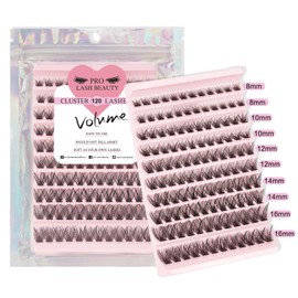 PRO Lash Clusters, 120 Pcs Individual Cluster Lashes DIY Lash Extension 8-16mm Eyelash Clusters Volume Wispy Lashes Super Thin Band Reusable Soft & Comfortable(Volume,D-8-16mix)