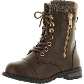 JJF Shoes Mango-31 Kids Brown Round Toe Military Lace Up Knit Ankle Cuff Low Heel Combat Boots-13